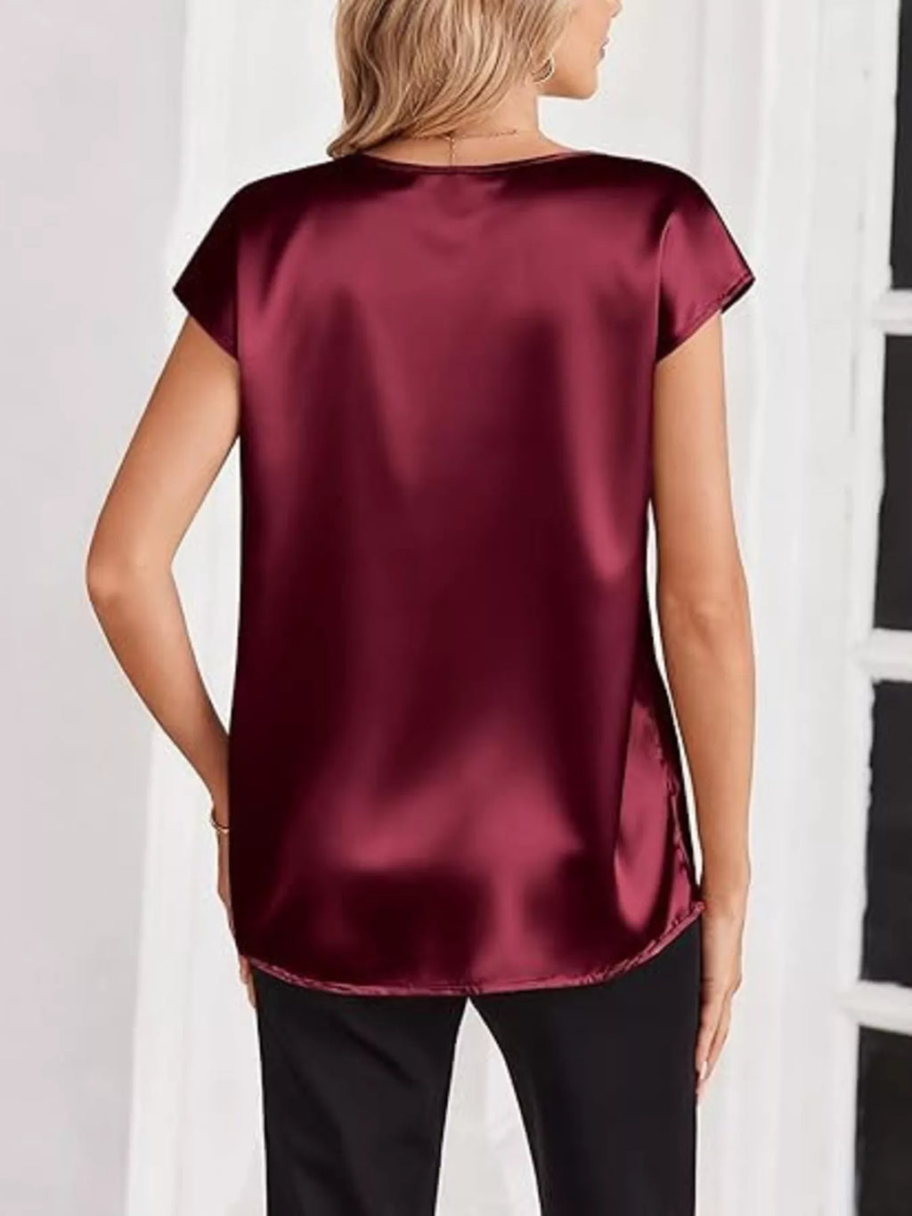 Satin V-Neck Short Sleeve Blouse