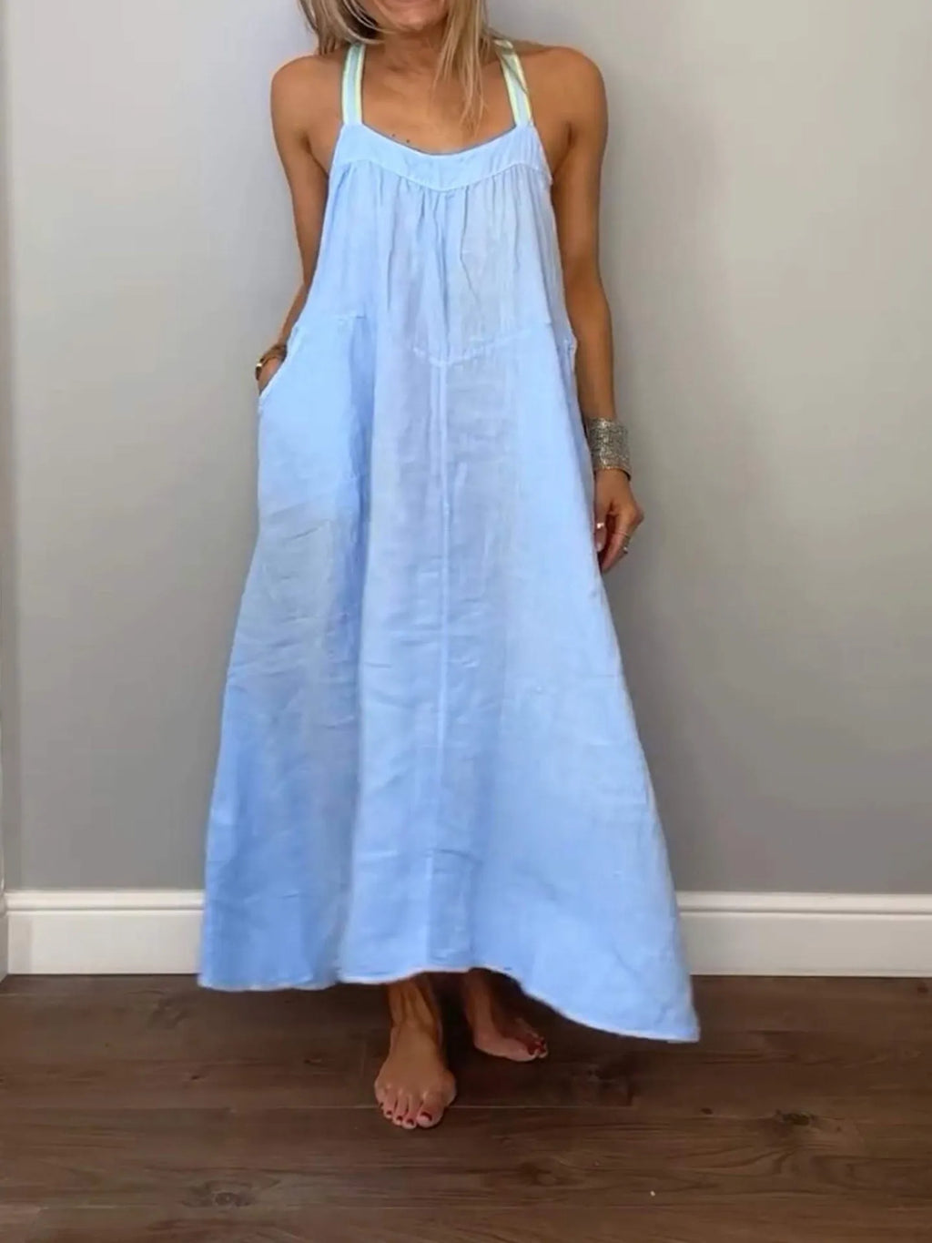 Full Size Ruched Cami Maxi Dress with Pockets Plus Size