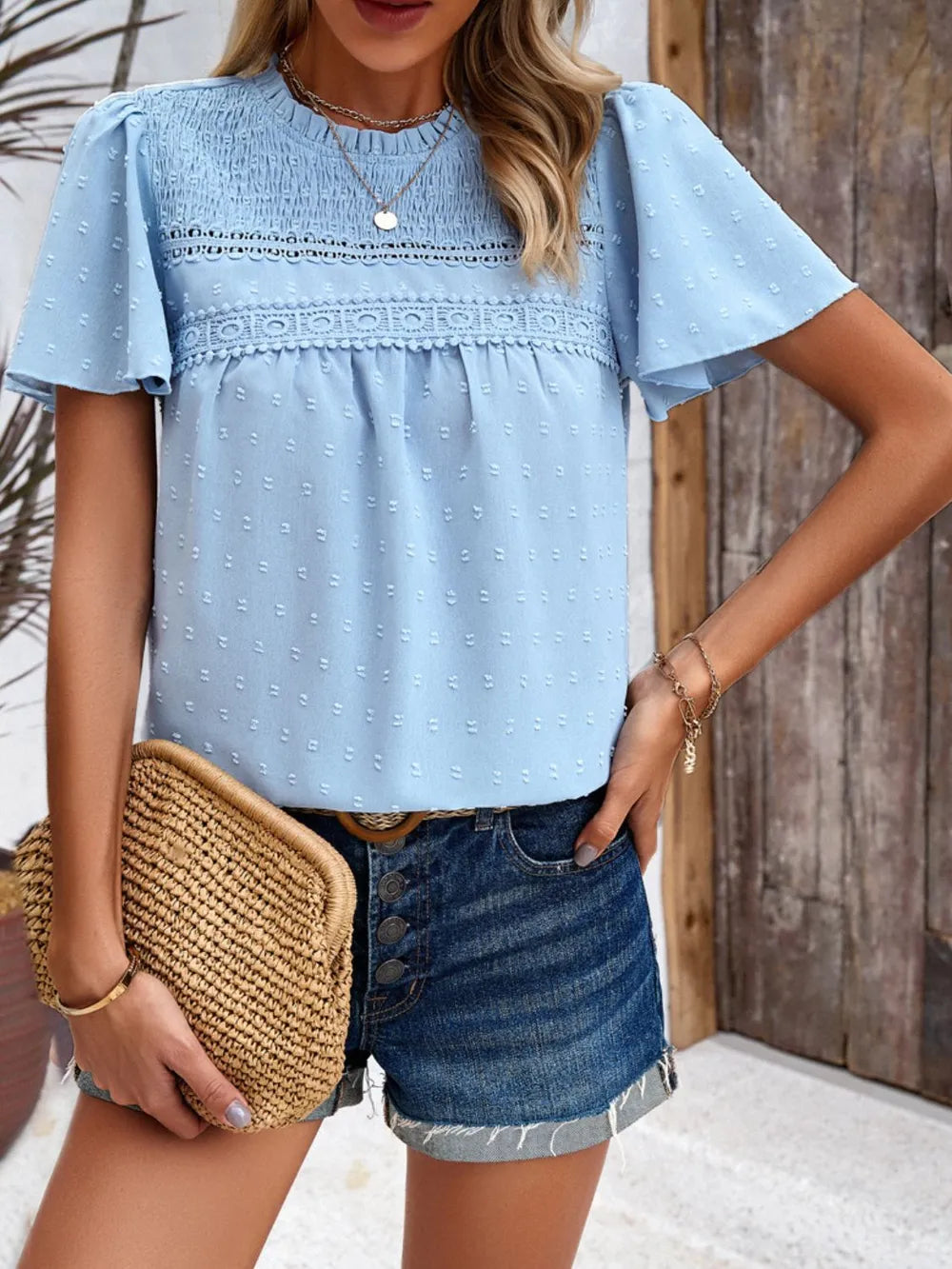 Devine Swiss Dot Smocked Round Neck Short Sleeve Blouse