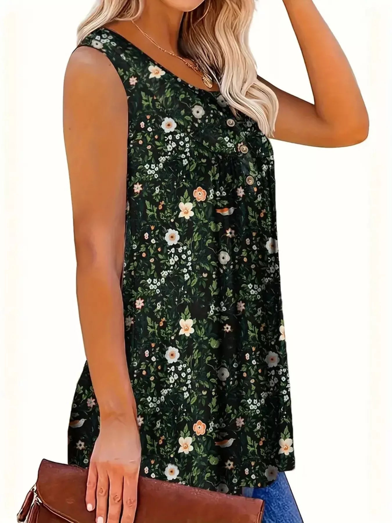 Full Size Floral Print Button Detail Tank Plus Size