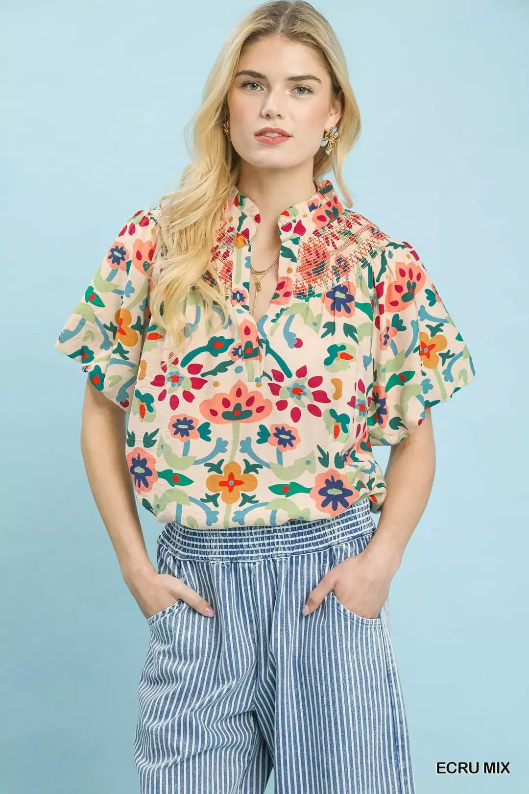 Umgee Folk Art Print Top with Smocked Detail