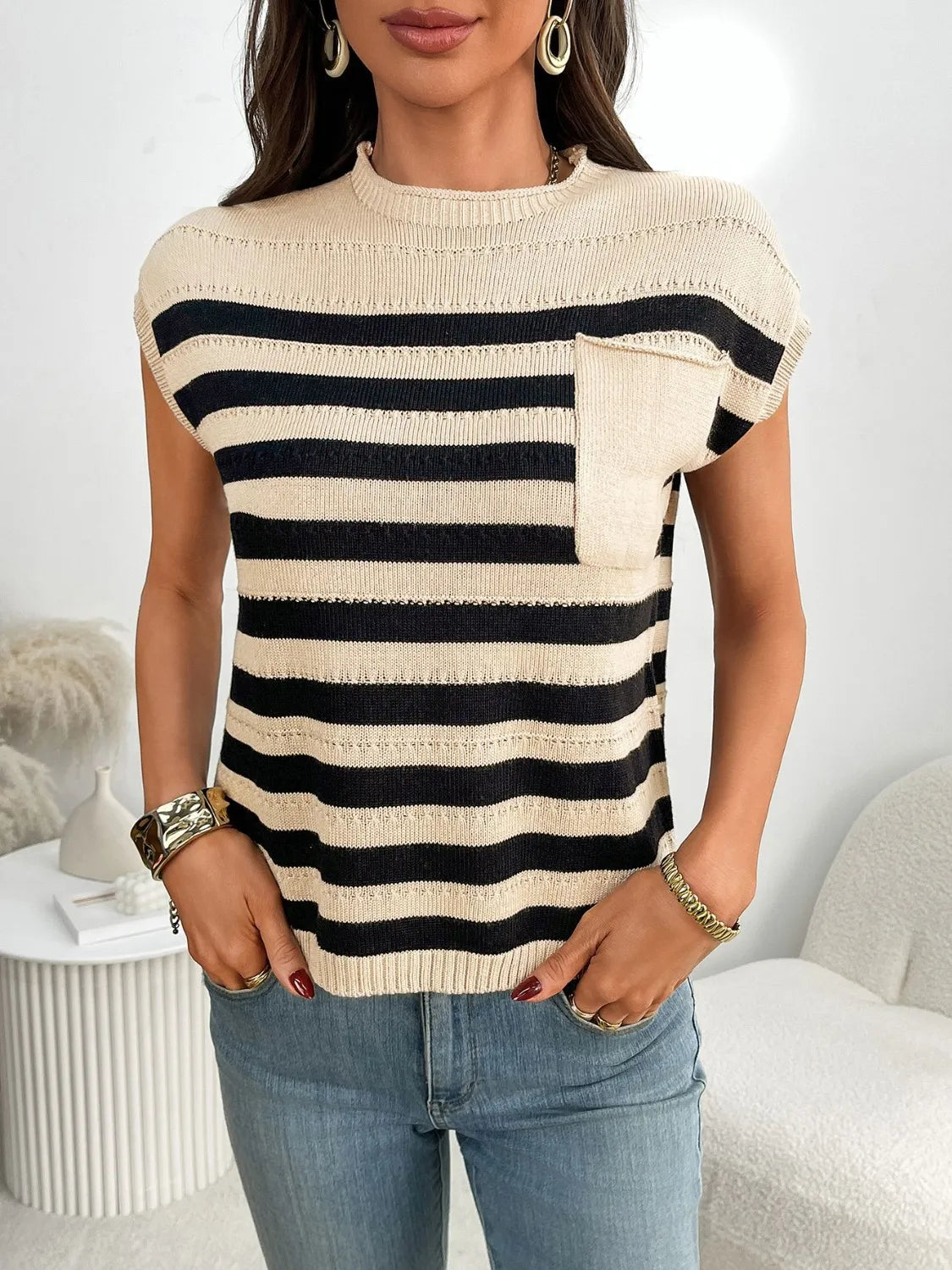 Striped Mock Neck Cap Sleeve Knit Top