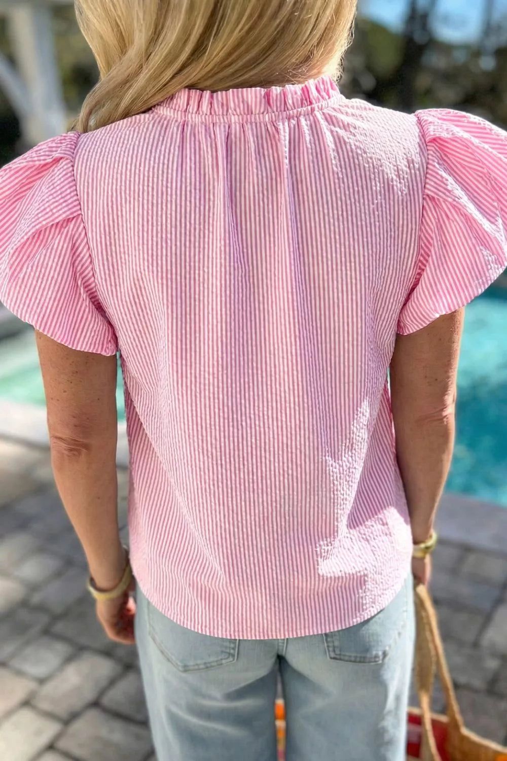 Stripe Short Bubble Sleeve Split V Neck Blouse