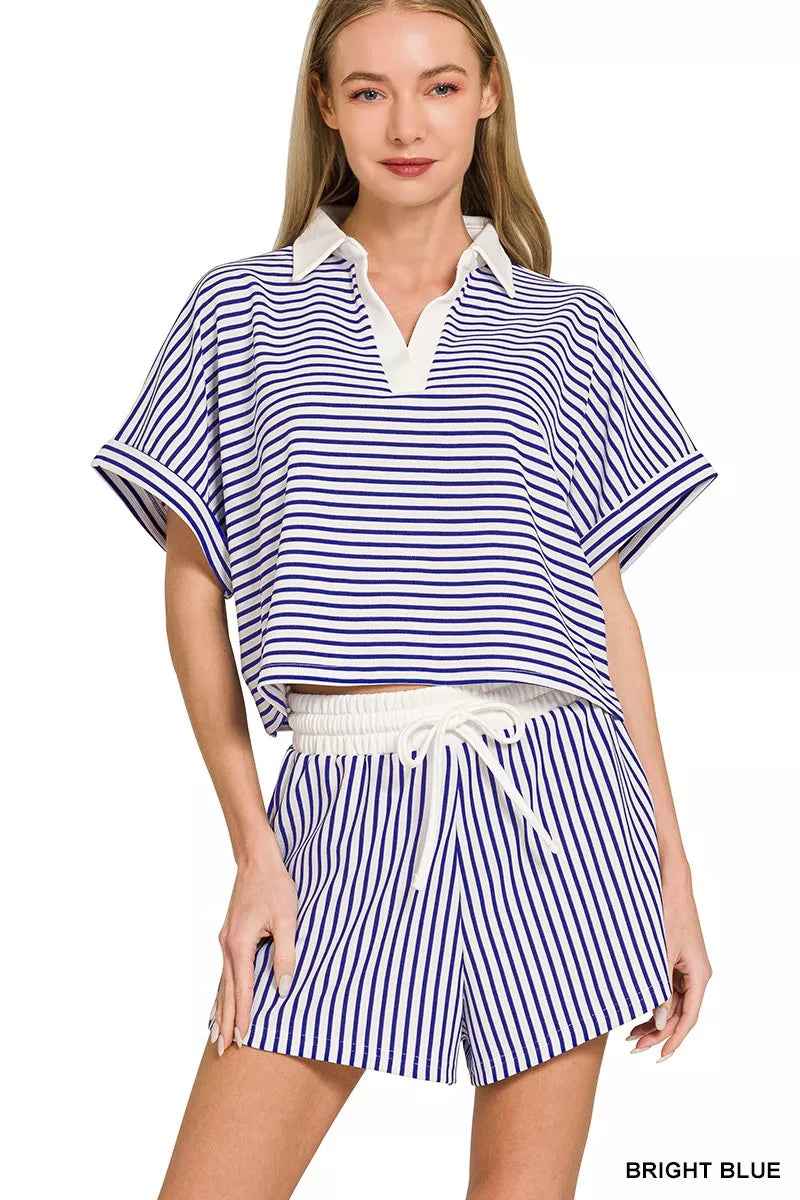 Zenana Striped Collared Top & Shorts Set