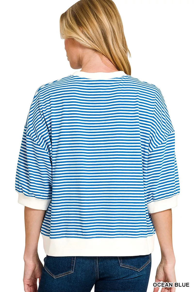 Zenana Striped Contrast Trim Banded Bottom Top