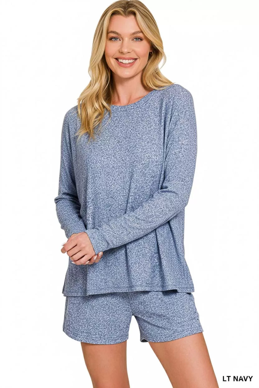 Zenana Soft Melange Long Sleeve Tee and Shorts Set