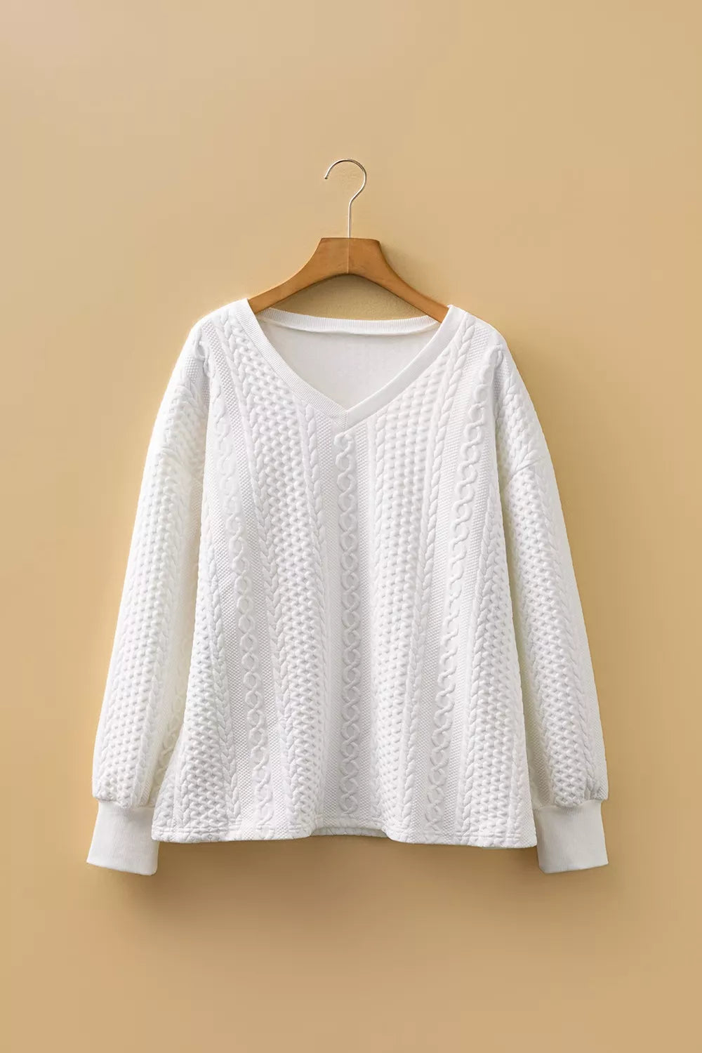 Solid Color Textured V Neck Drop Shoulder Knit Top