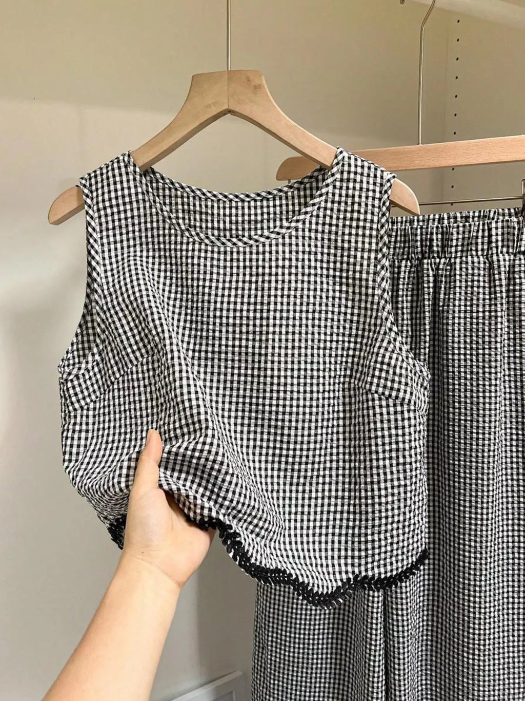 Plaid Scalloped Trim Tank and Pants Set