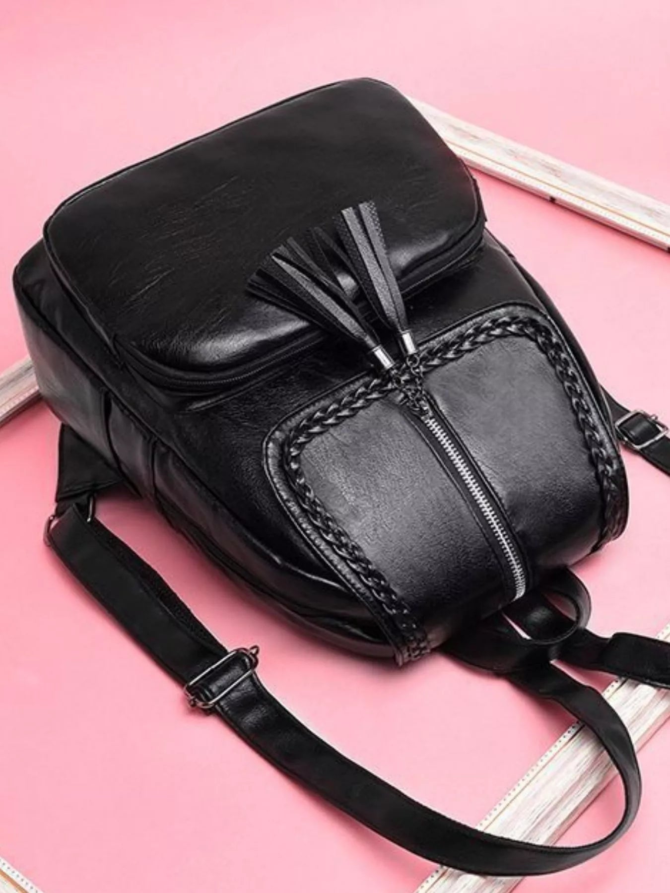 Braided Trim Leather Backpack Bag