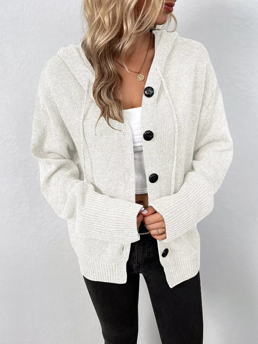 Full Size Cozy Knit Hooded Button-Down Cardigan Plus Size