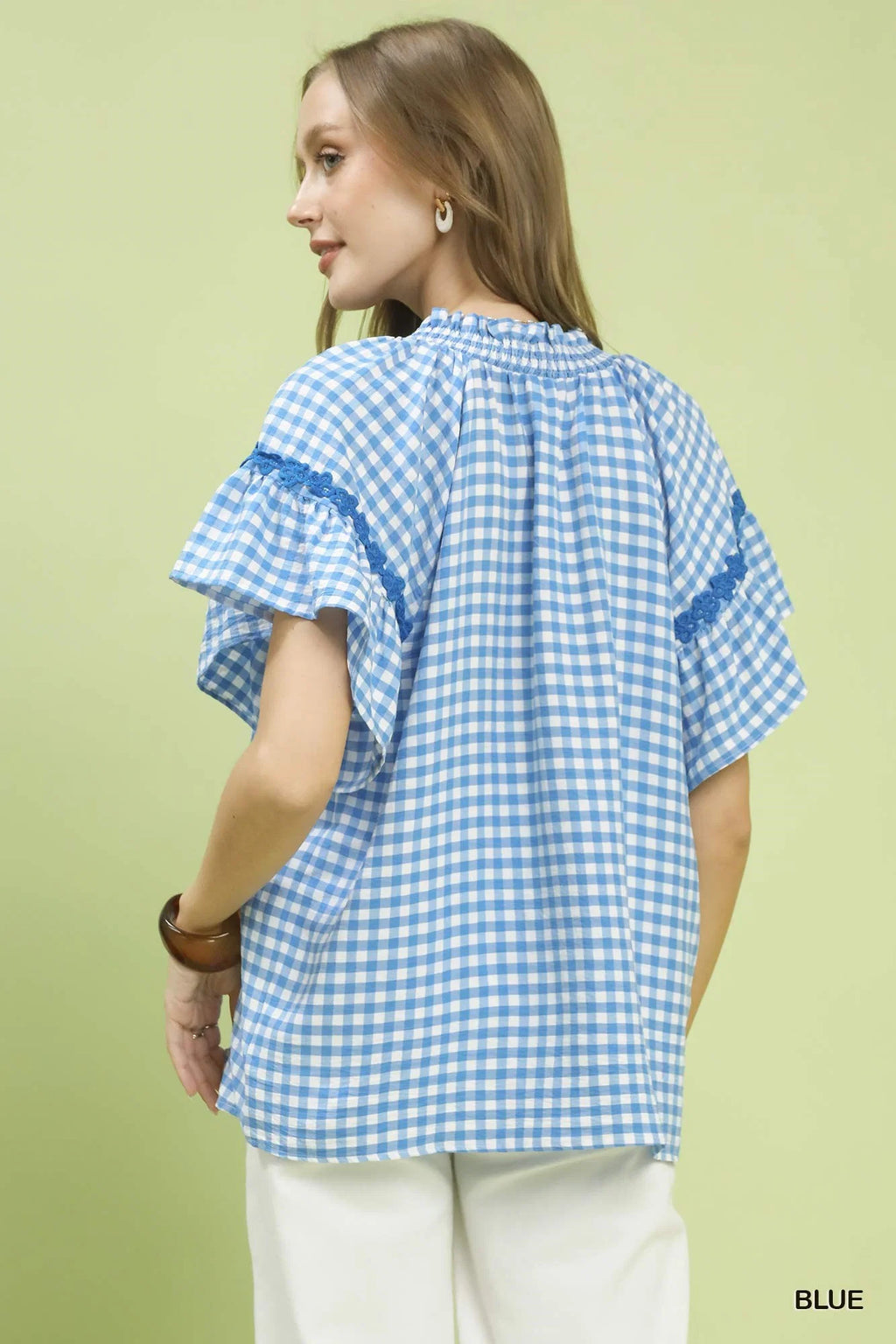 Umgee Gingham Lace Trim Top