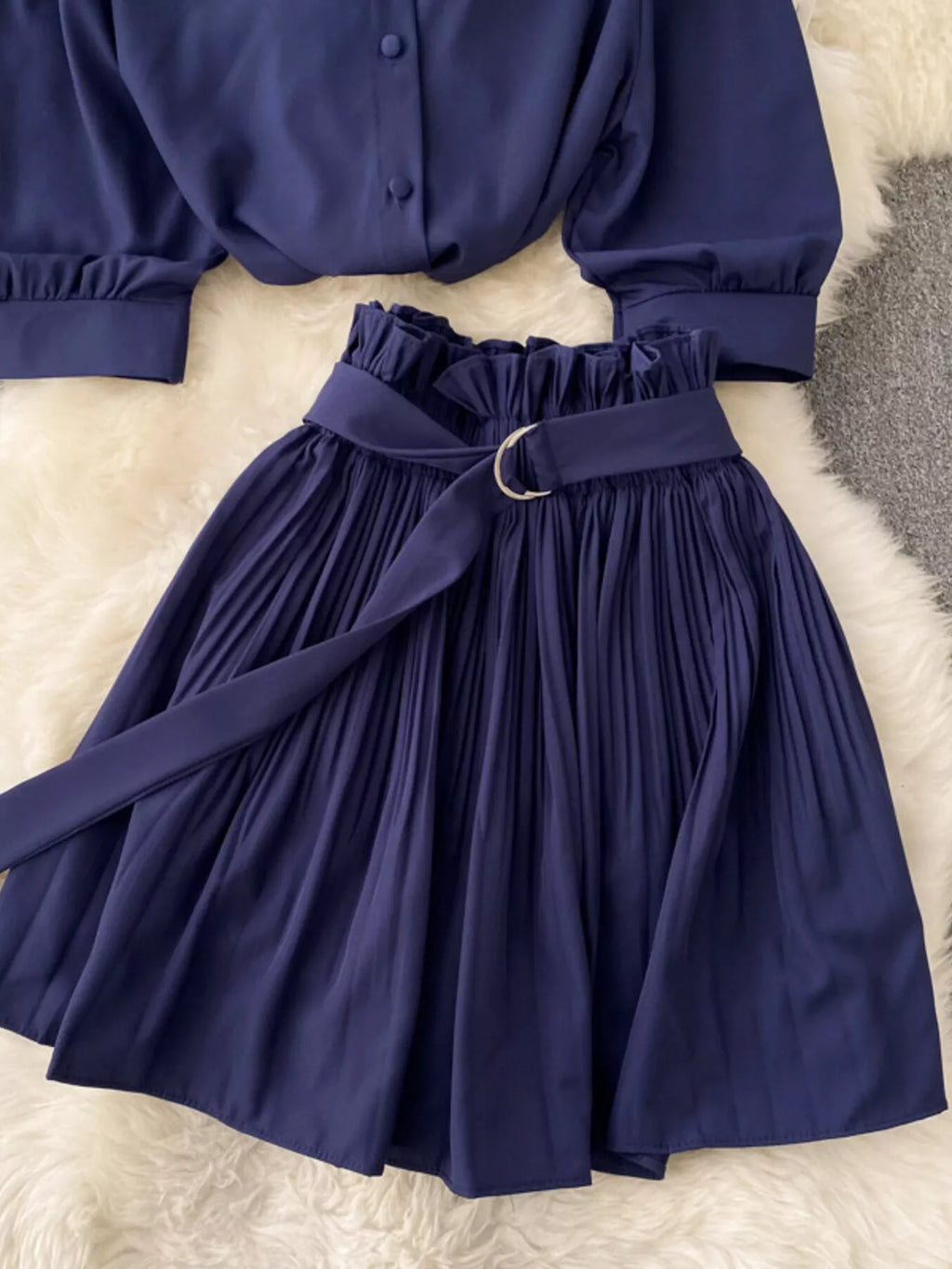 Puff Sleeve Shirt and Pleated Skirt Set