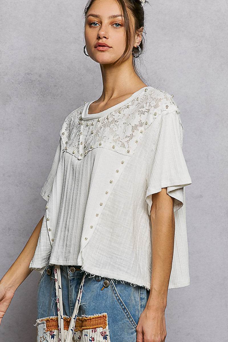 POL Lace Pearl Stud Round Neck Short Sleeve Shirt