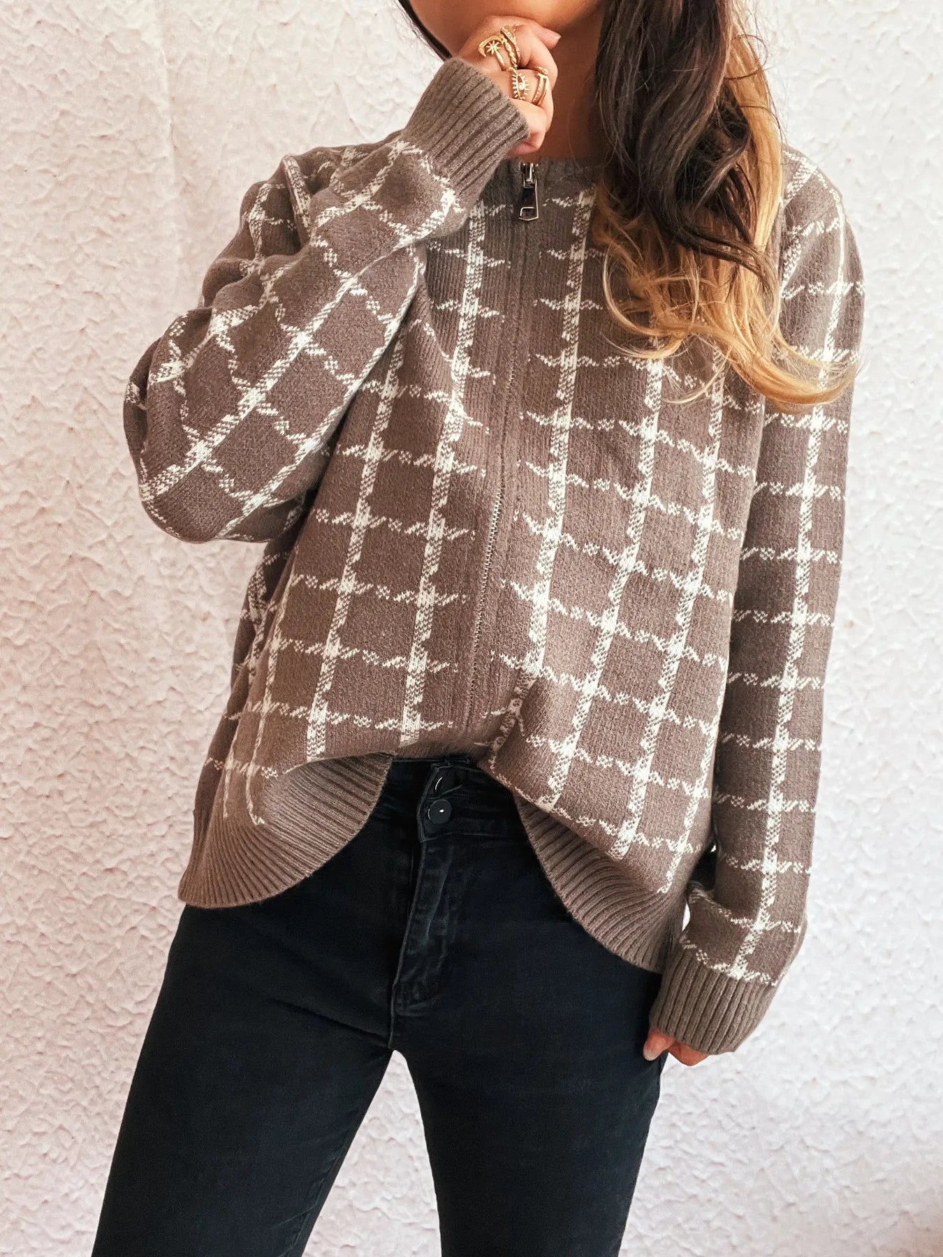 Plaid Pattern Zip Up Cardigan