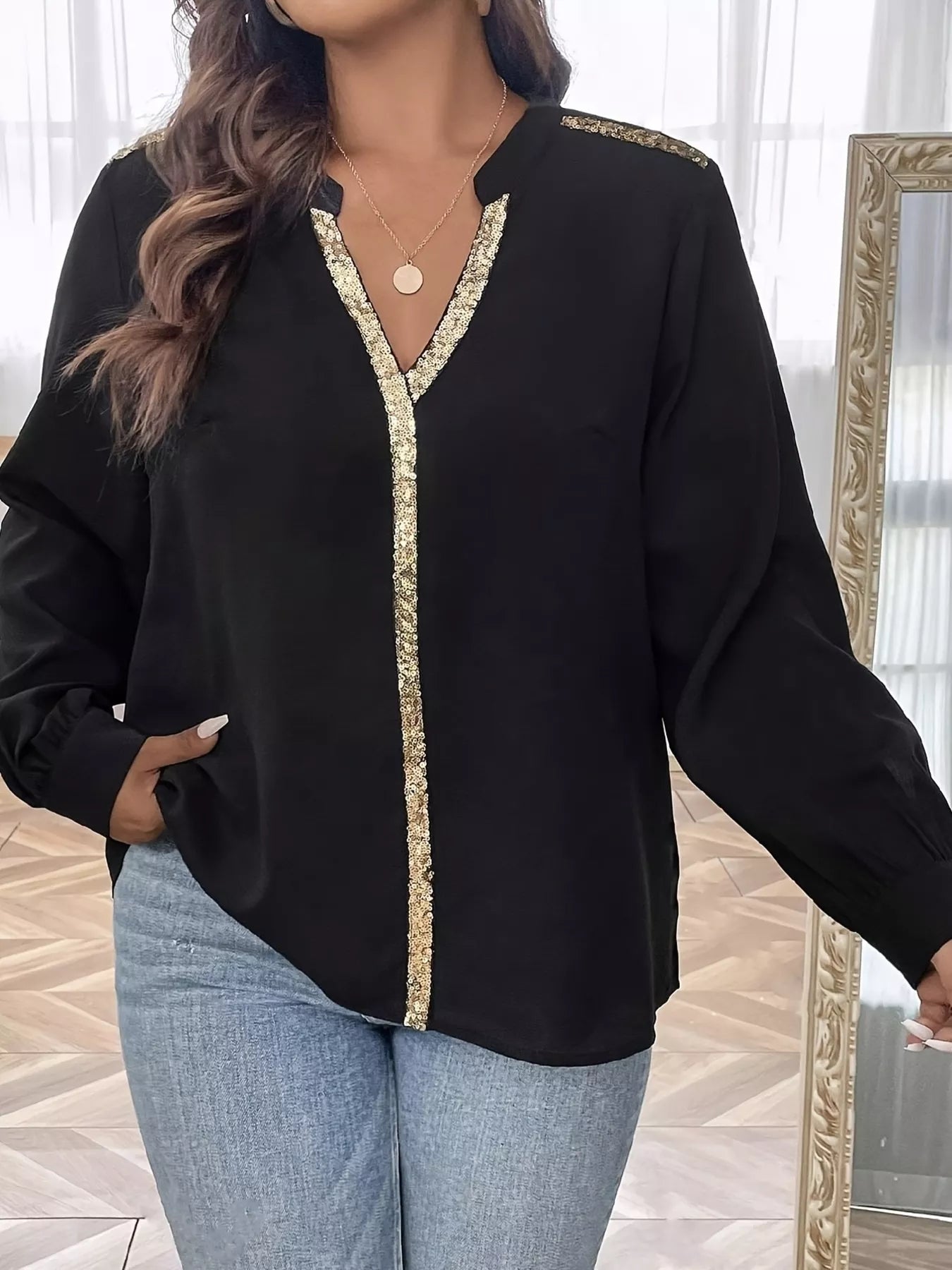 Sequin Trim Notched Long Sleeve Blouse