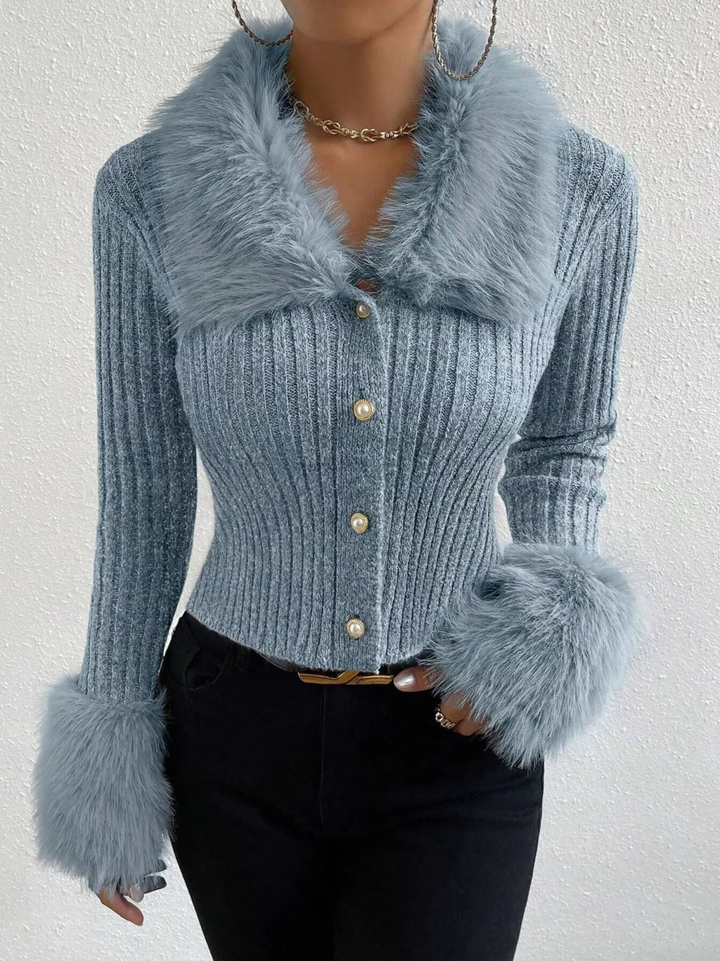 Faux Fur Trim Ribbed Knit Cropped Cardigan