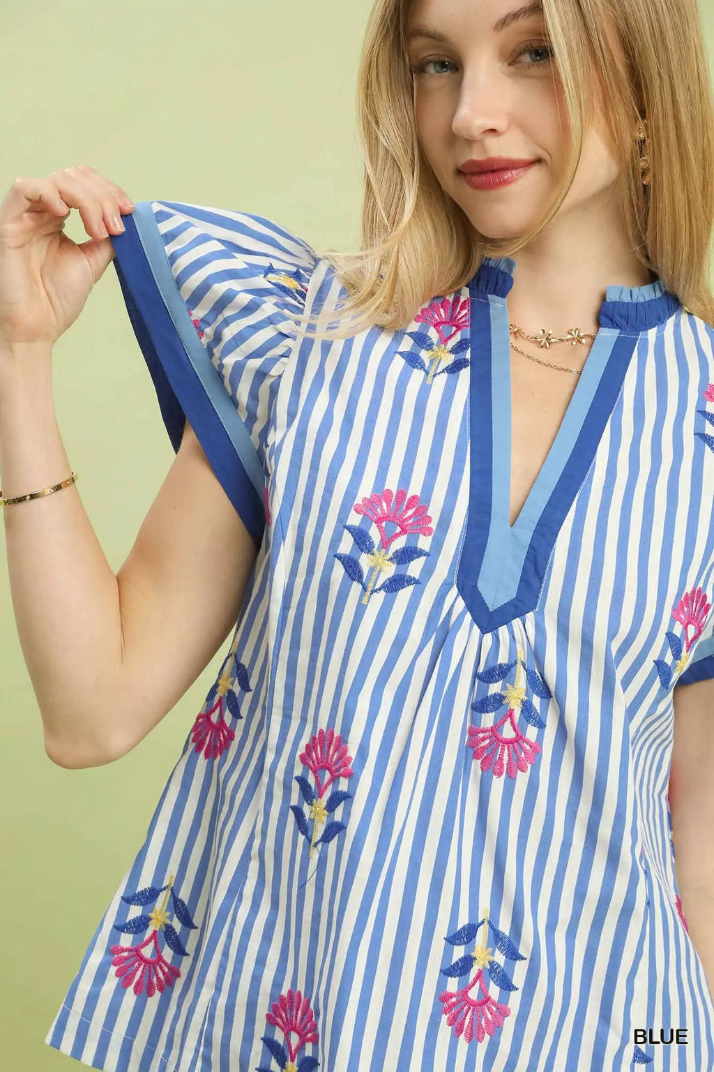 Umgee Embroidered Striped Flutter Sleeve Top