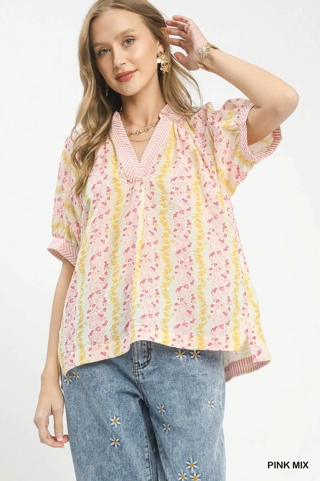 Umgee Mix Print Boho Blouse with Contrast Trim