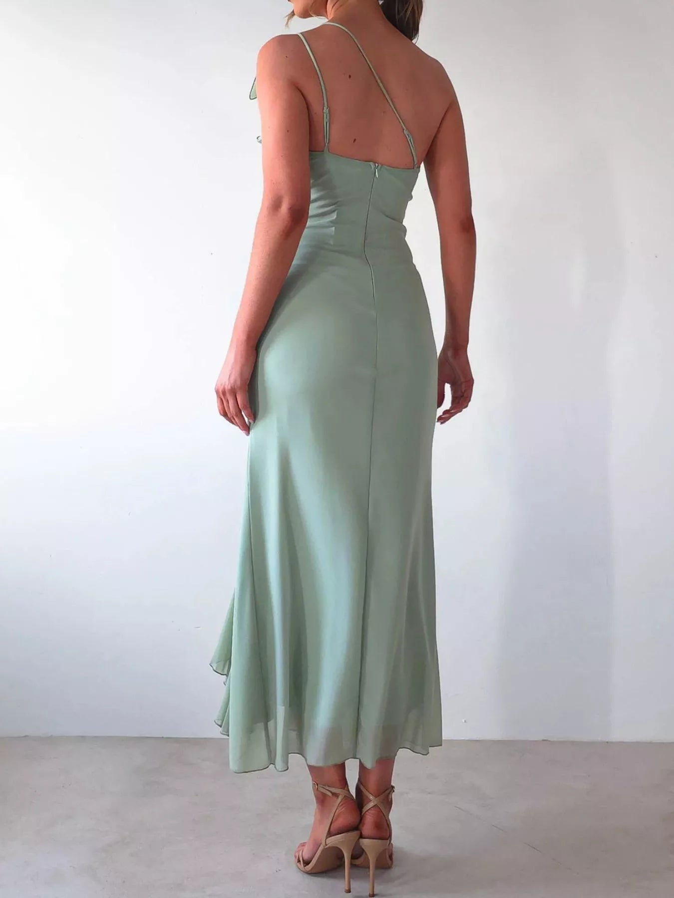 One-Shoulder Ruffle Slit Dress
