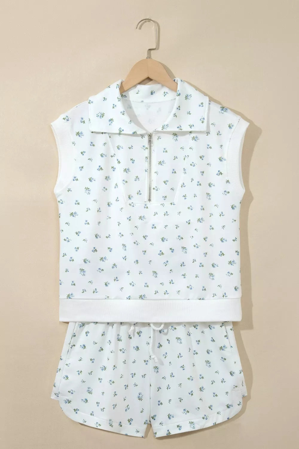 Floral Print Half Zip Top Matching Short Set