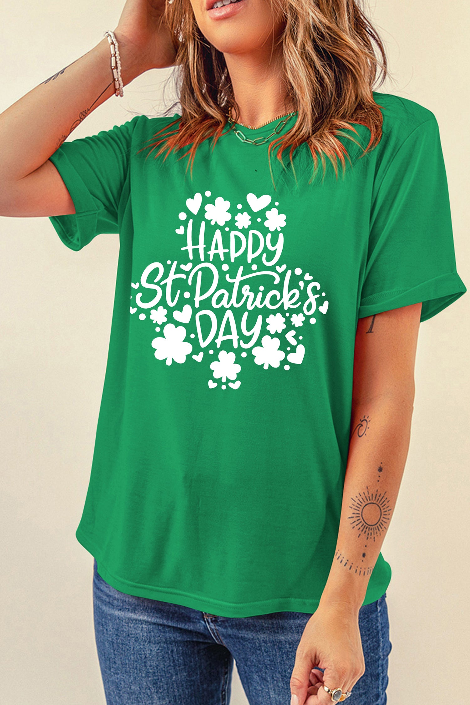 Bright Green Happy St Patricks Day Clover Printed Casual T Shirt