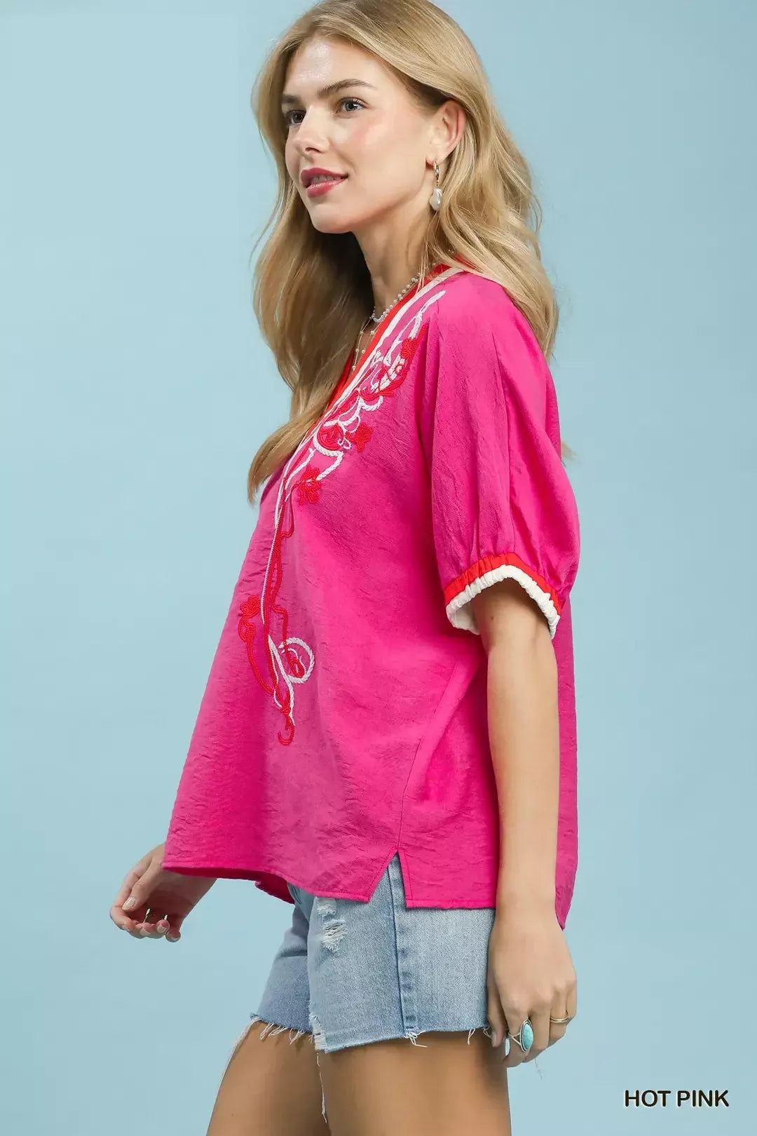 Umgee Embroidered Floral V-Neck Short Sleeve Blouse with Contrast Trim