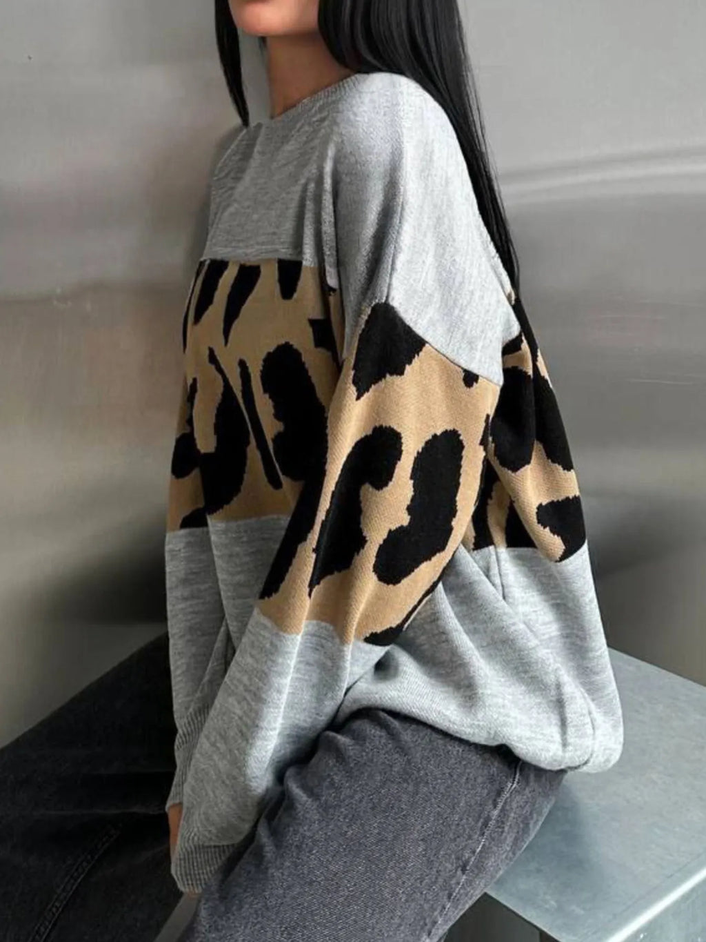 Leopard Color Block Round Neck Sweater