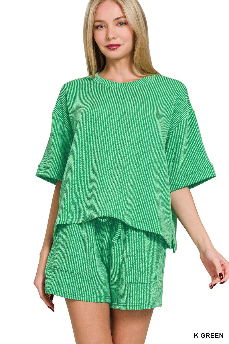 Zenana Raised Rib Short Sleeve Tee and Drawstring Shorts Set