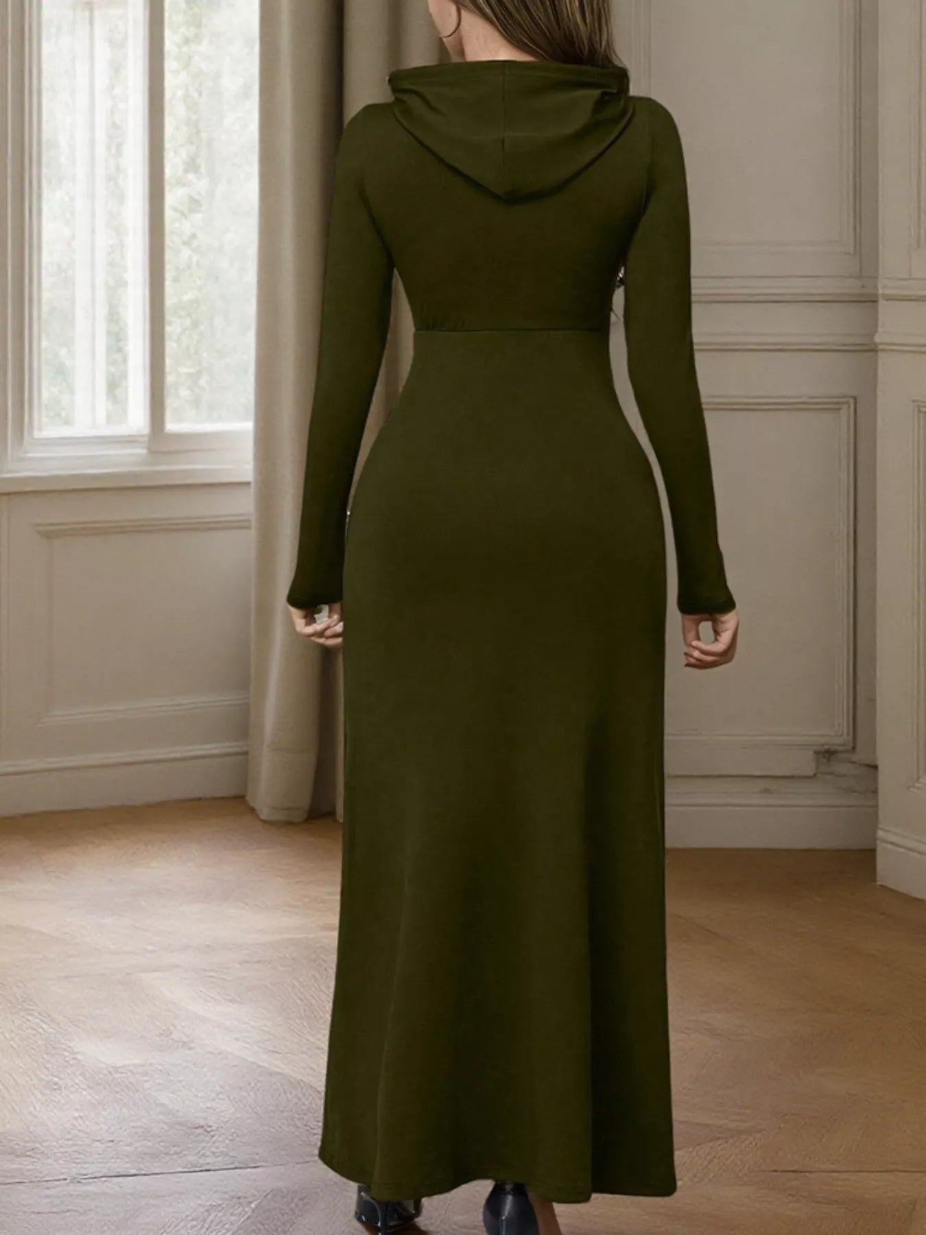 Drawstring Long Sleeve Hooded Maxi Dress