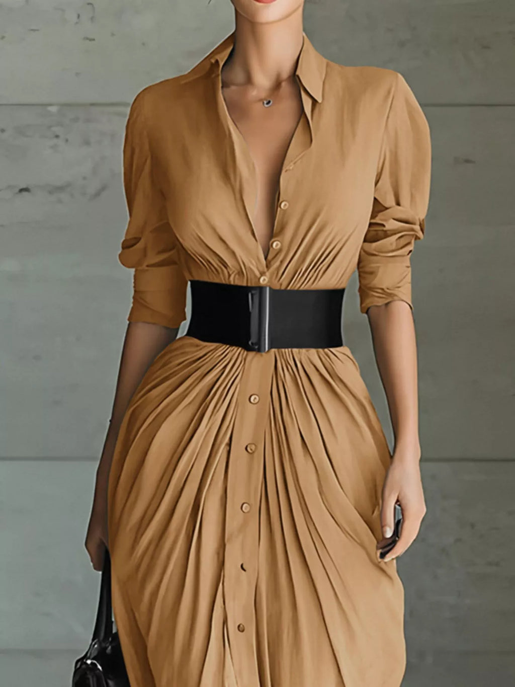 Full Size Button Front Ruched Shirt Maxi Dress Plus Size