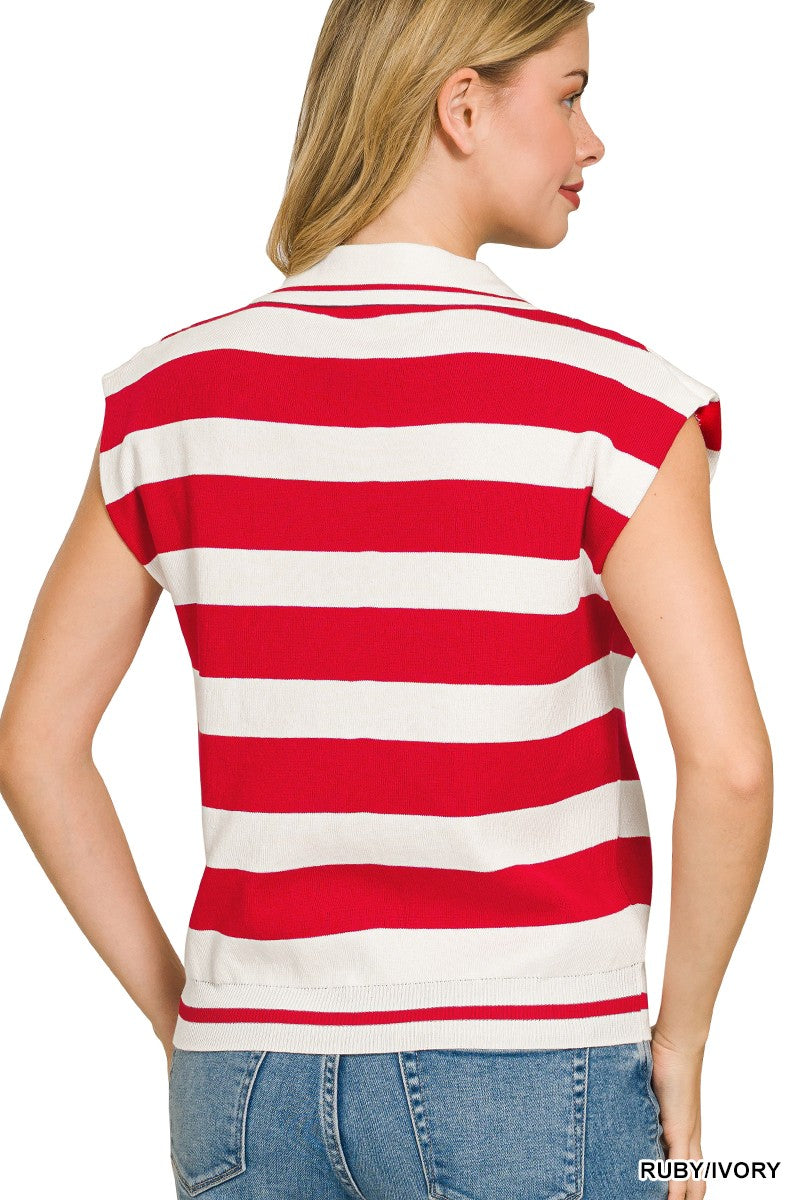 Zenana Viscose Striped Collared Sweater Vest