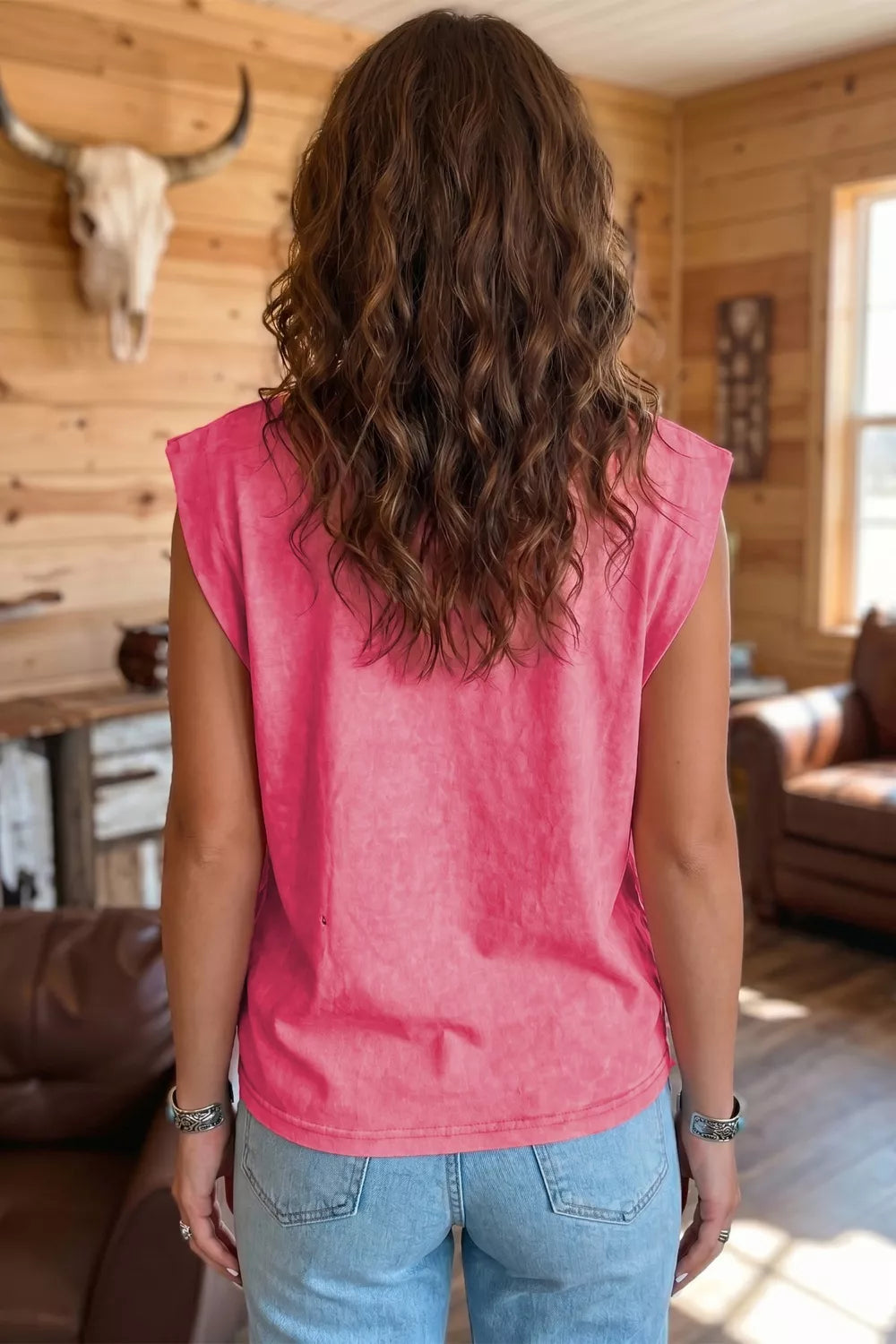 Washed Wild West Whiskey Print Sleeveless Muscle Top