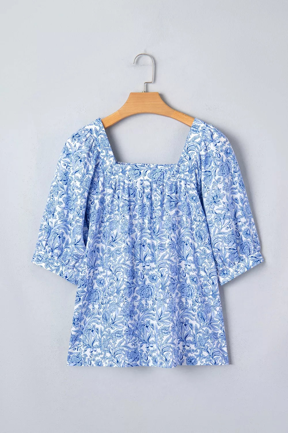 Square Neck Short Puff Sleeve Pleated Floral Blouse