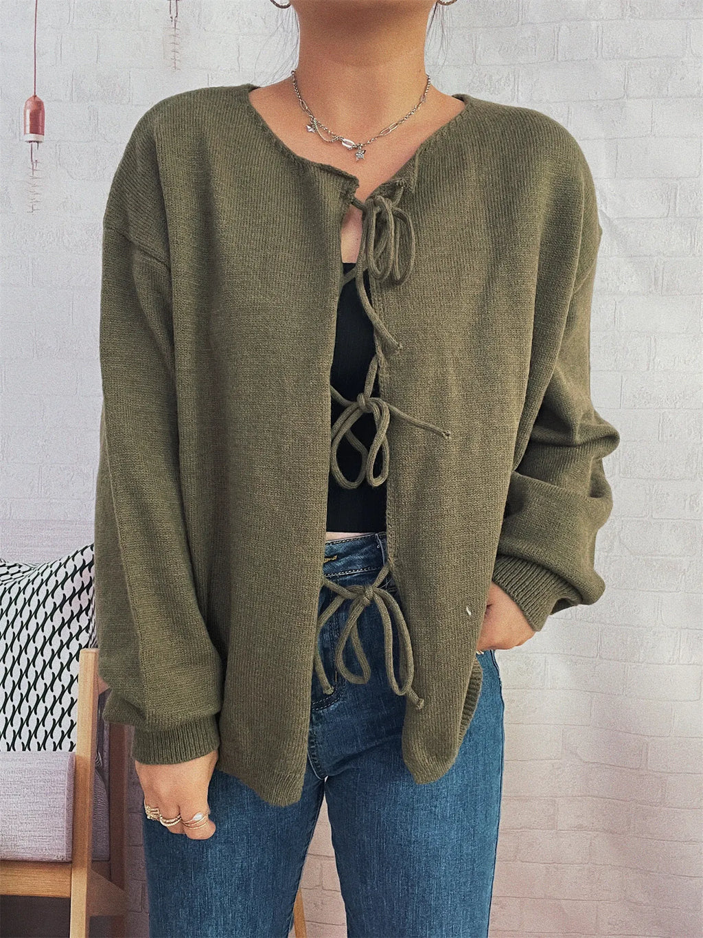 Tie Front Drop Shoulder Cardigan