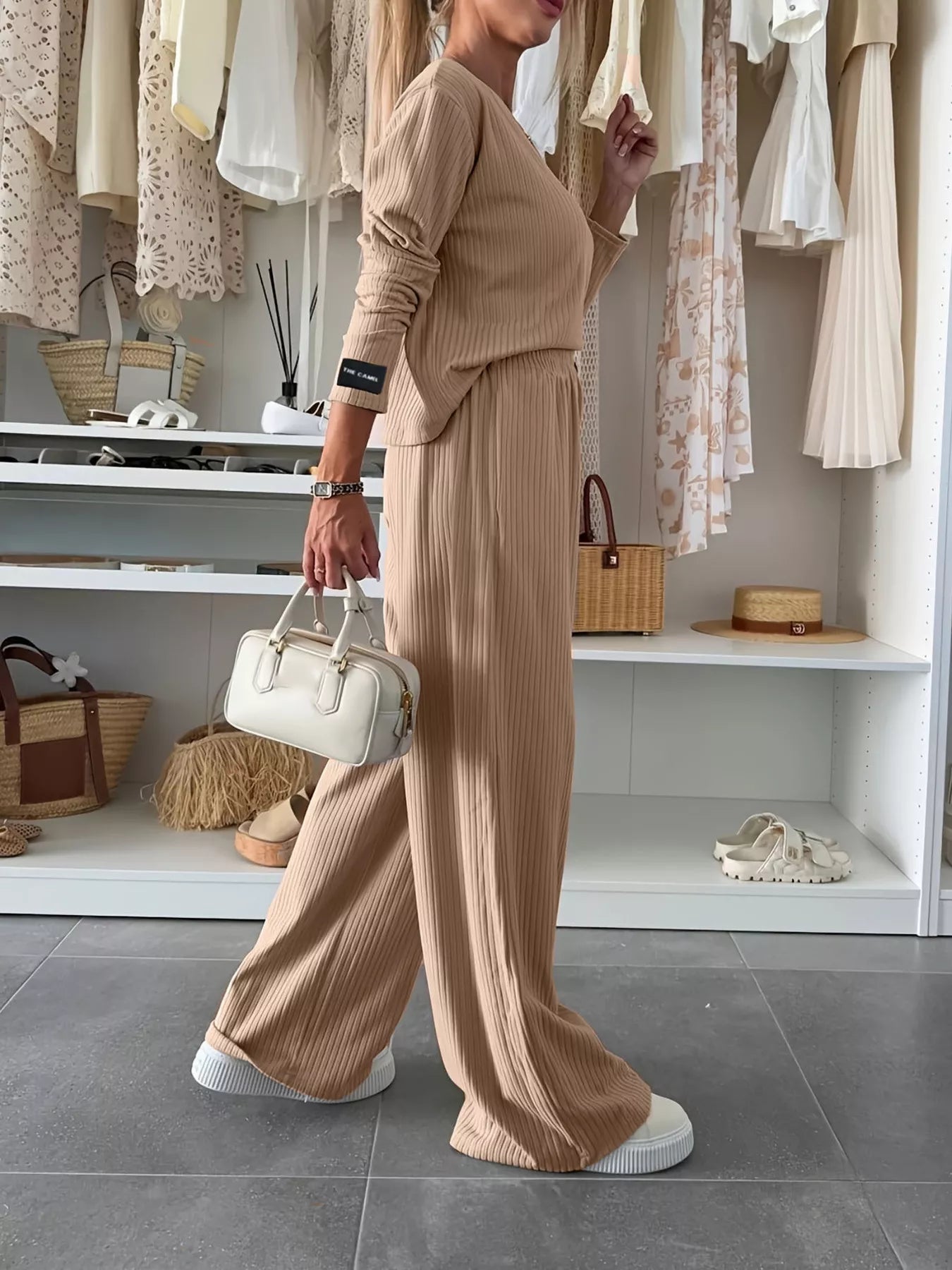 Ribbed Knit Round Neck Top and Pants Set