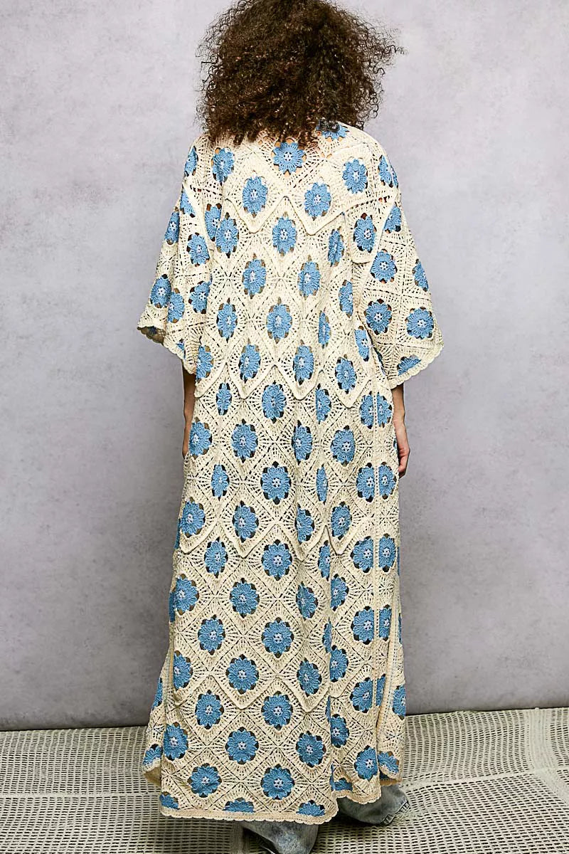 POL Open Front Floral Crochet Longline Cardigan