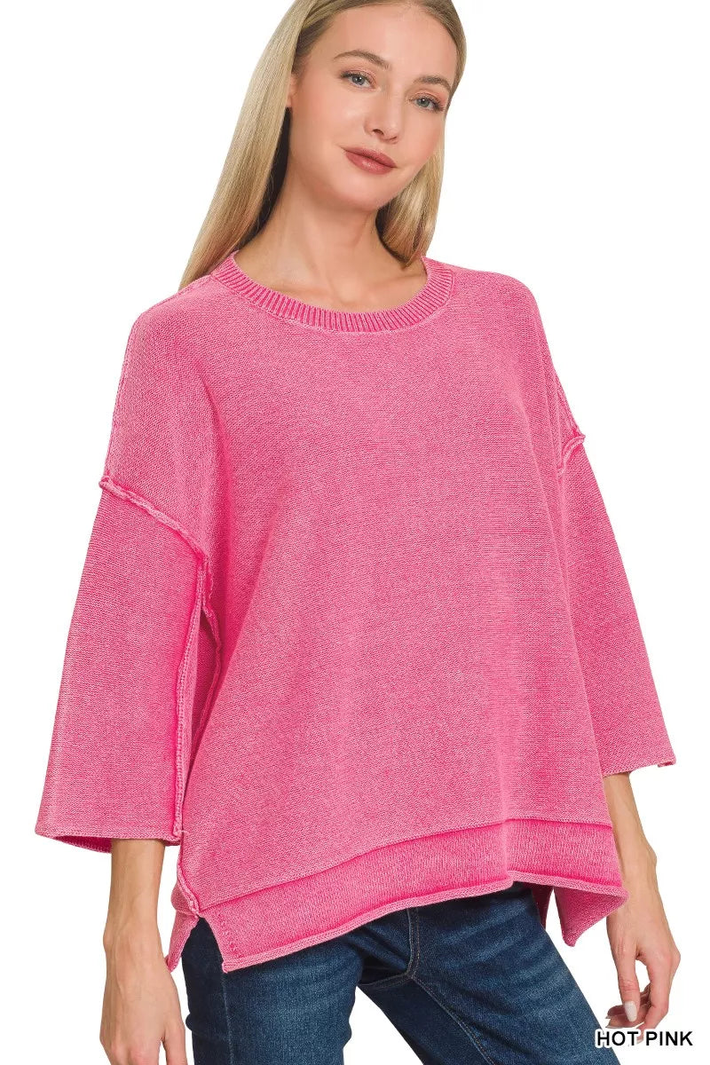 Zenana Washed 3/4 Sleeve Boxy Sweater