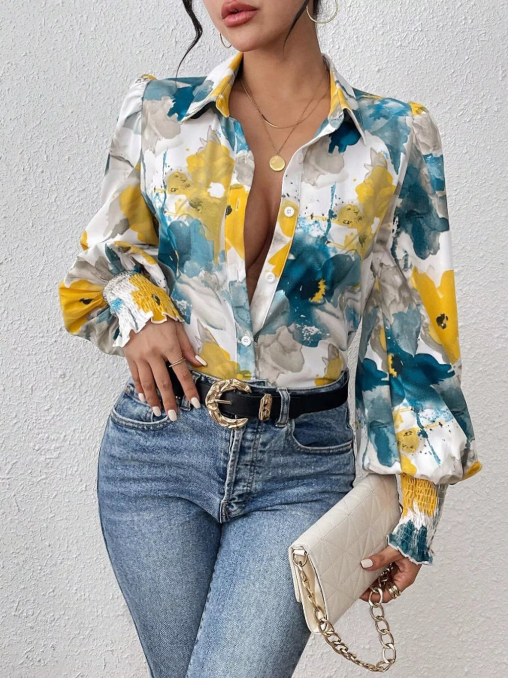 Printed Button Up Lantern Sleeve Shirt