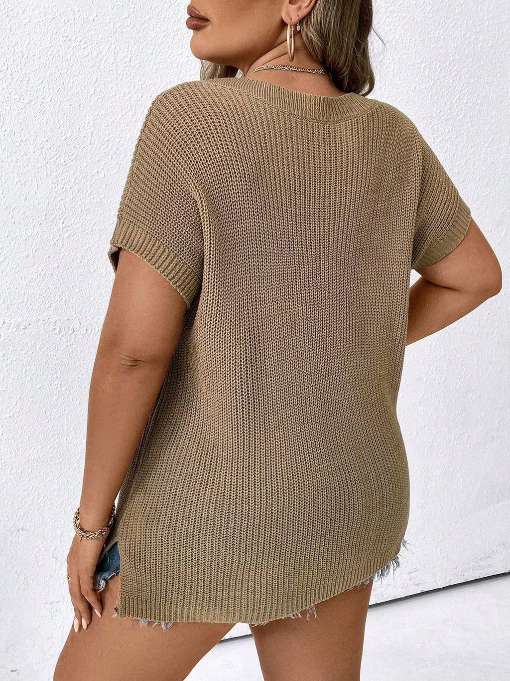Plus Size V-Neck Short Sleeve Knit Top with Chest Pocket