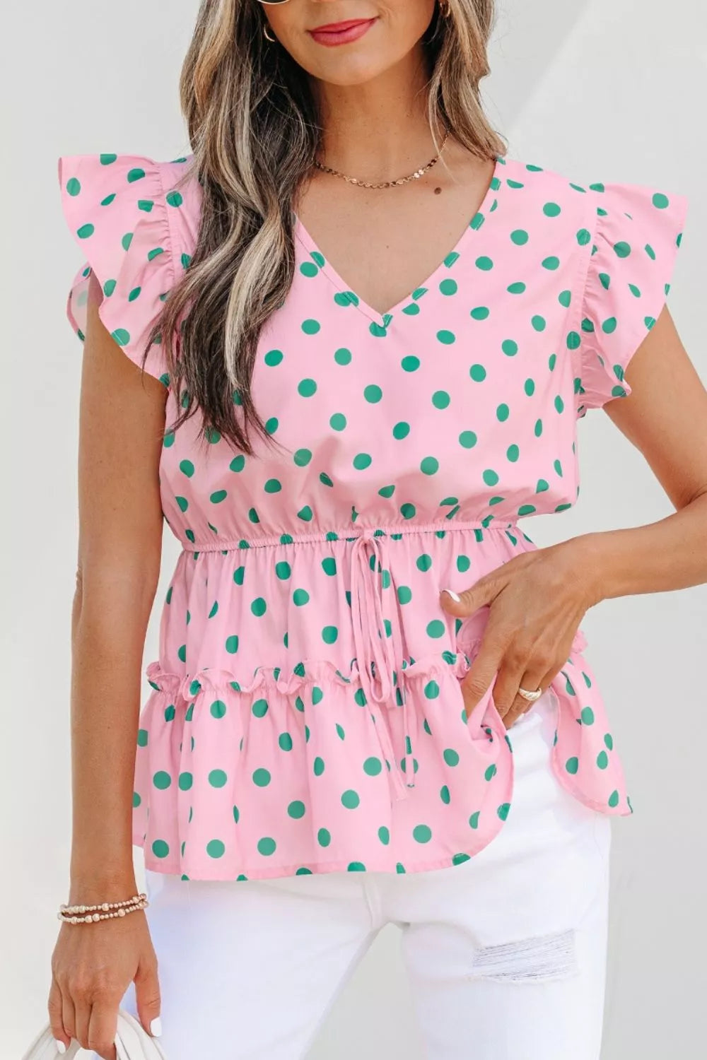 Polka Dot Ruffle Hem Blouse