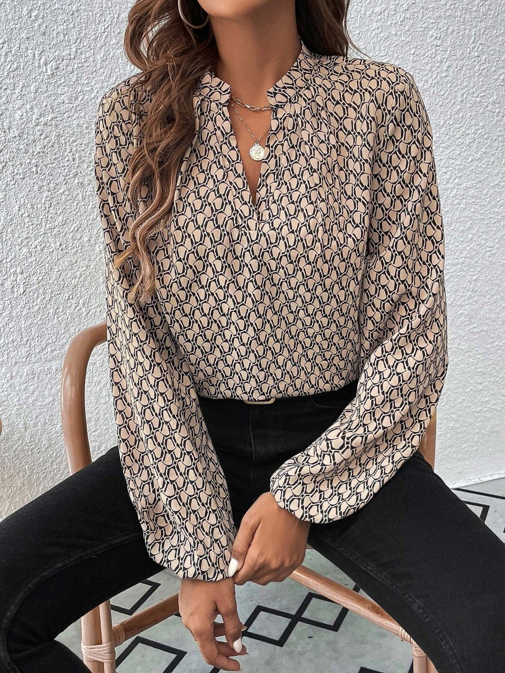 Printed Notched Balloon Sleeve Blouse