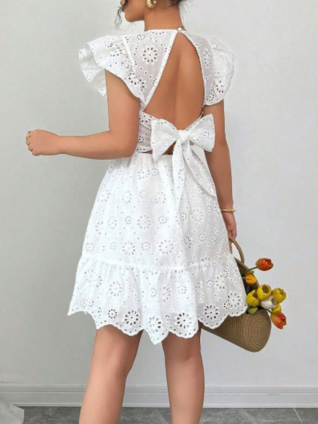 Eyelet Ruffle Sleeve Mini Dress