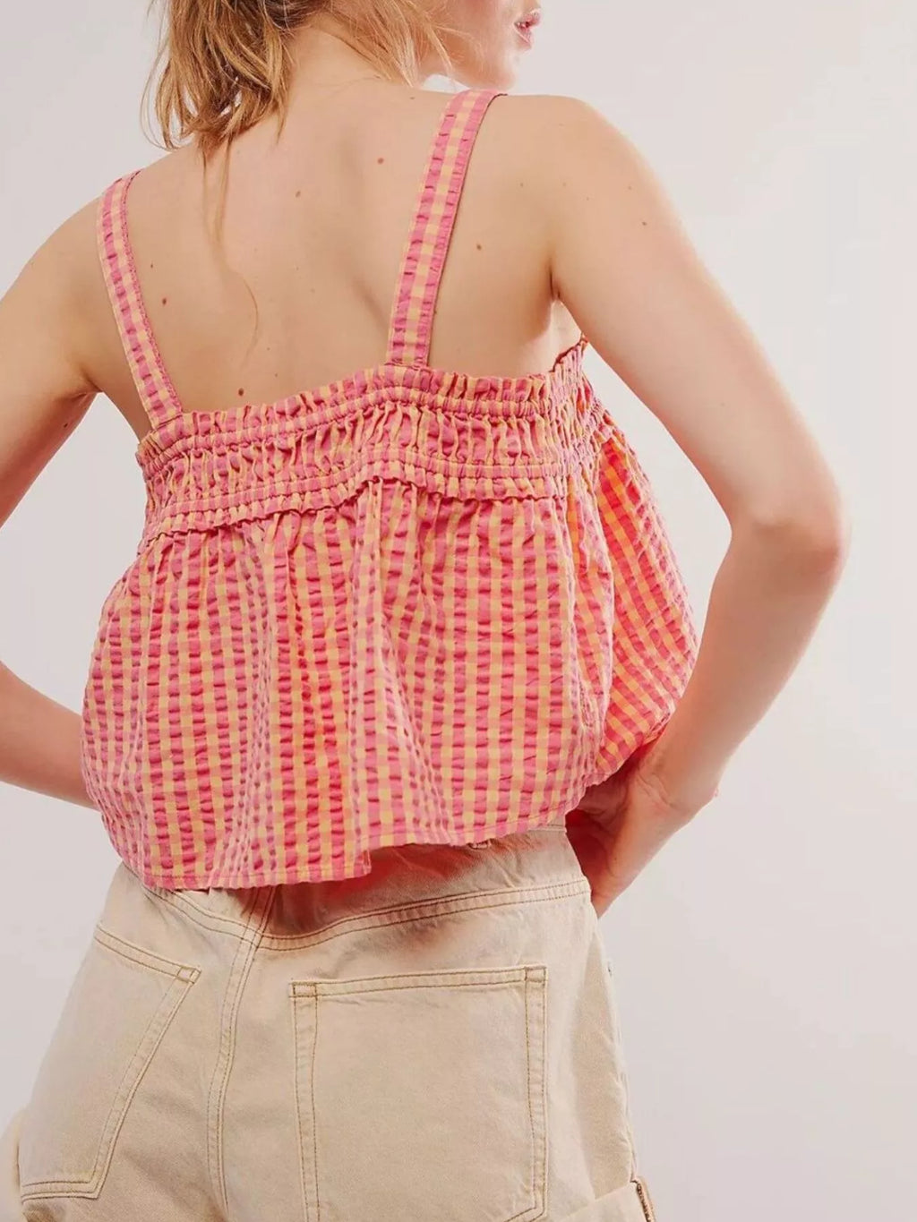 Smocked Gingham Tie-Front Cami