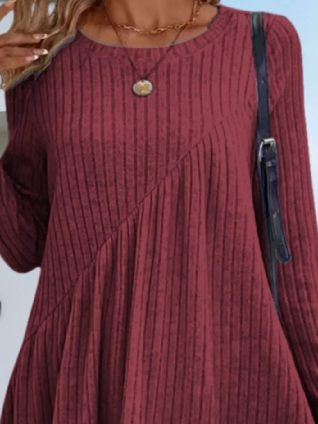 Casual Ribbed Knit Long Sleeve Swing Dress