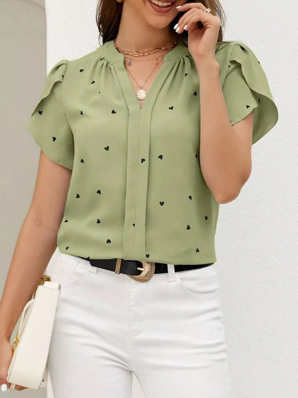 Heart Print Petal Sleeve Blouse