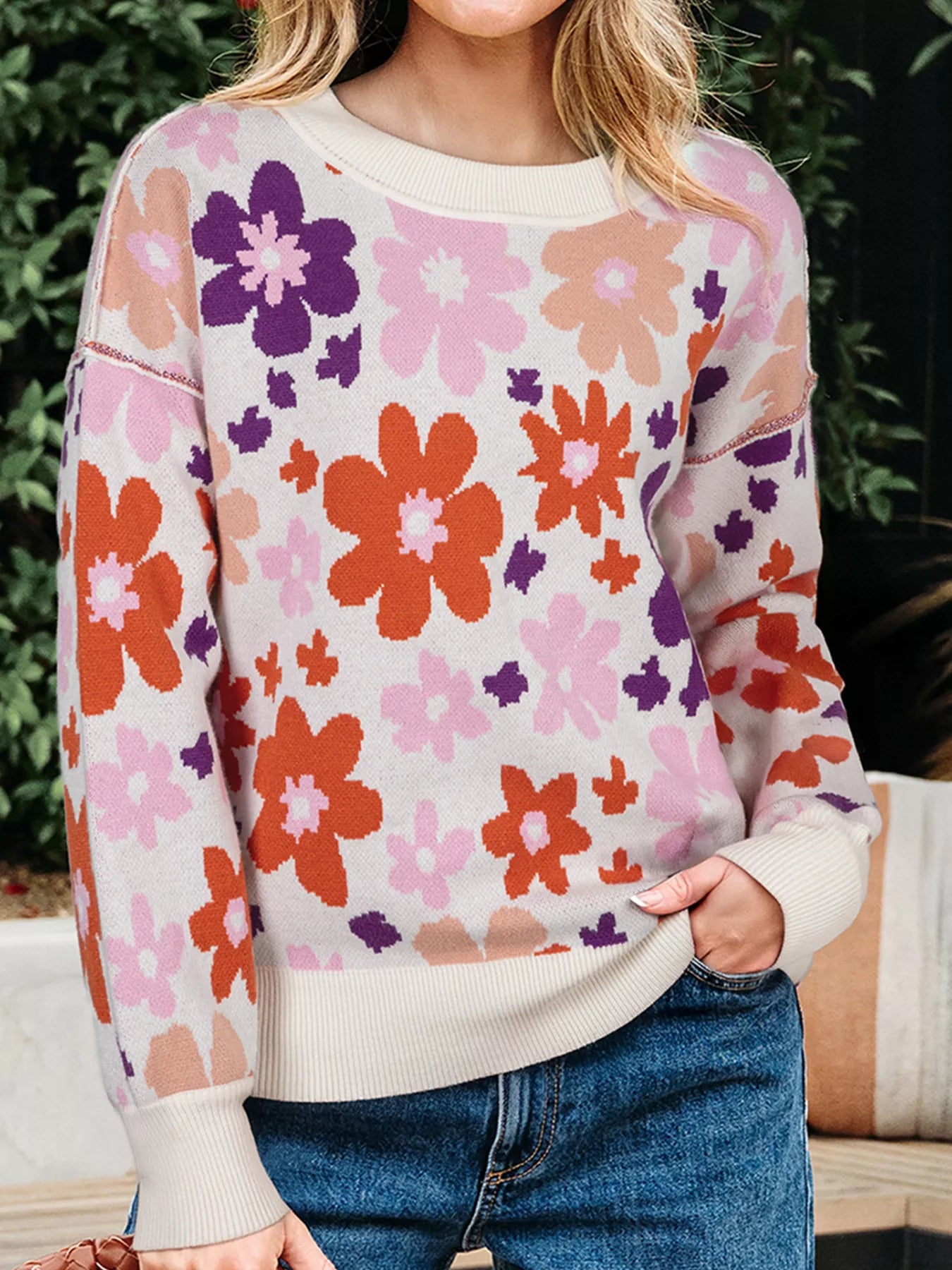 Floral Pattern Drop Shoulder Sweater