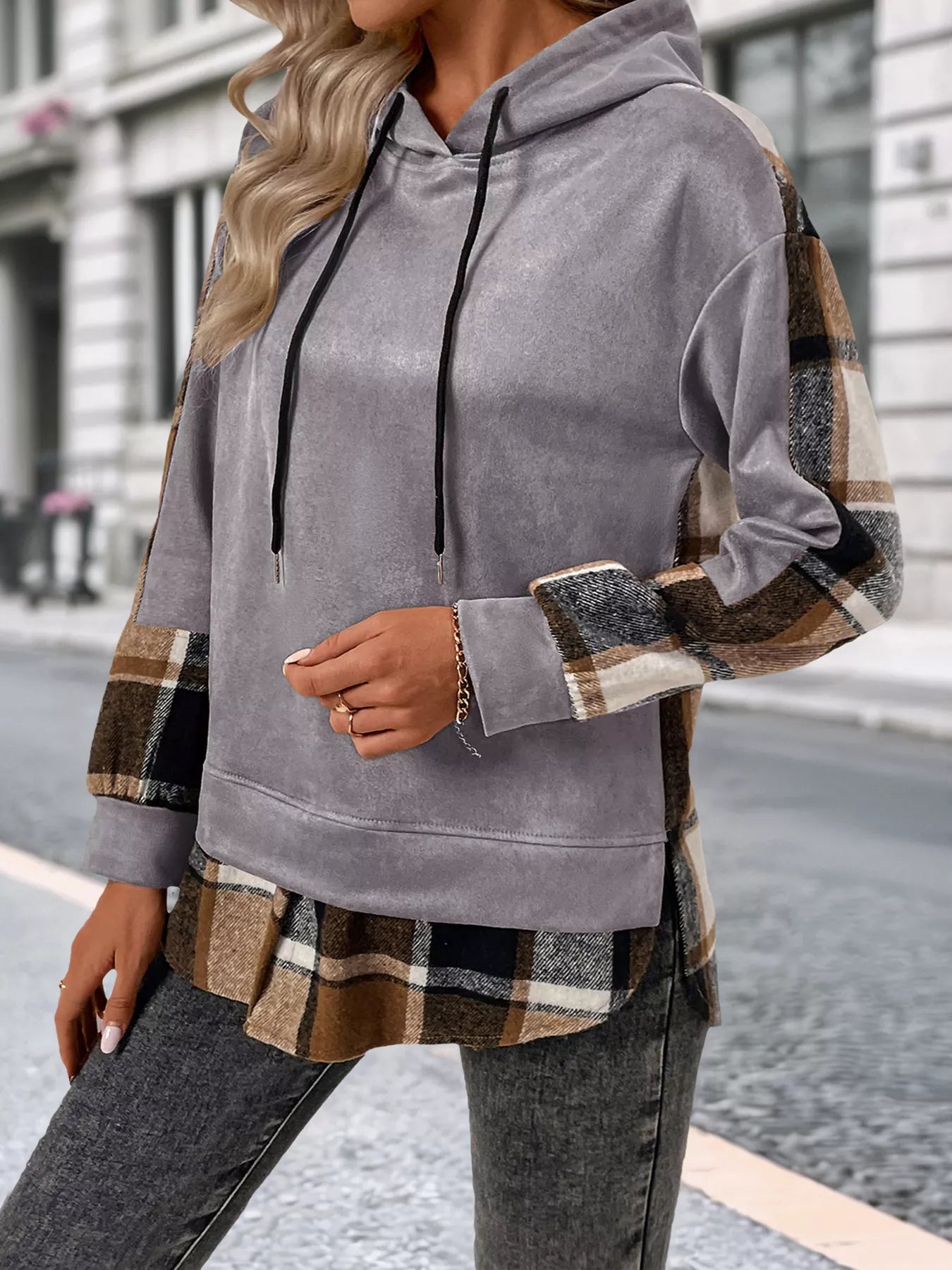 Plaid Drawstring Long Sleeve Hoodie