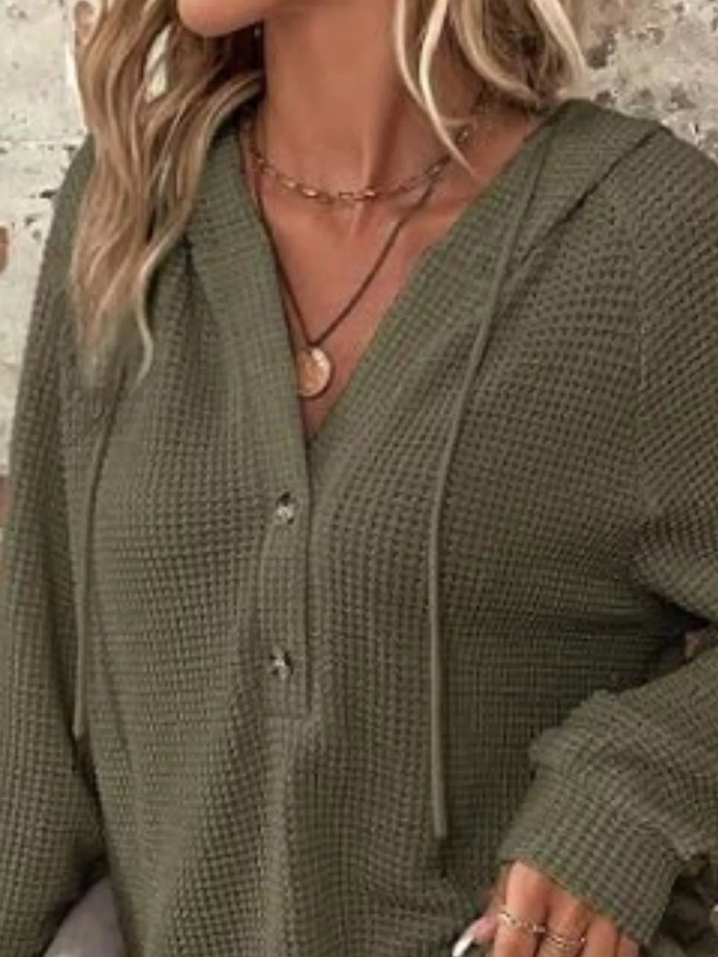 Waffle Knit Button Detail Hoodie