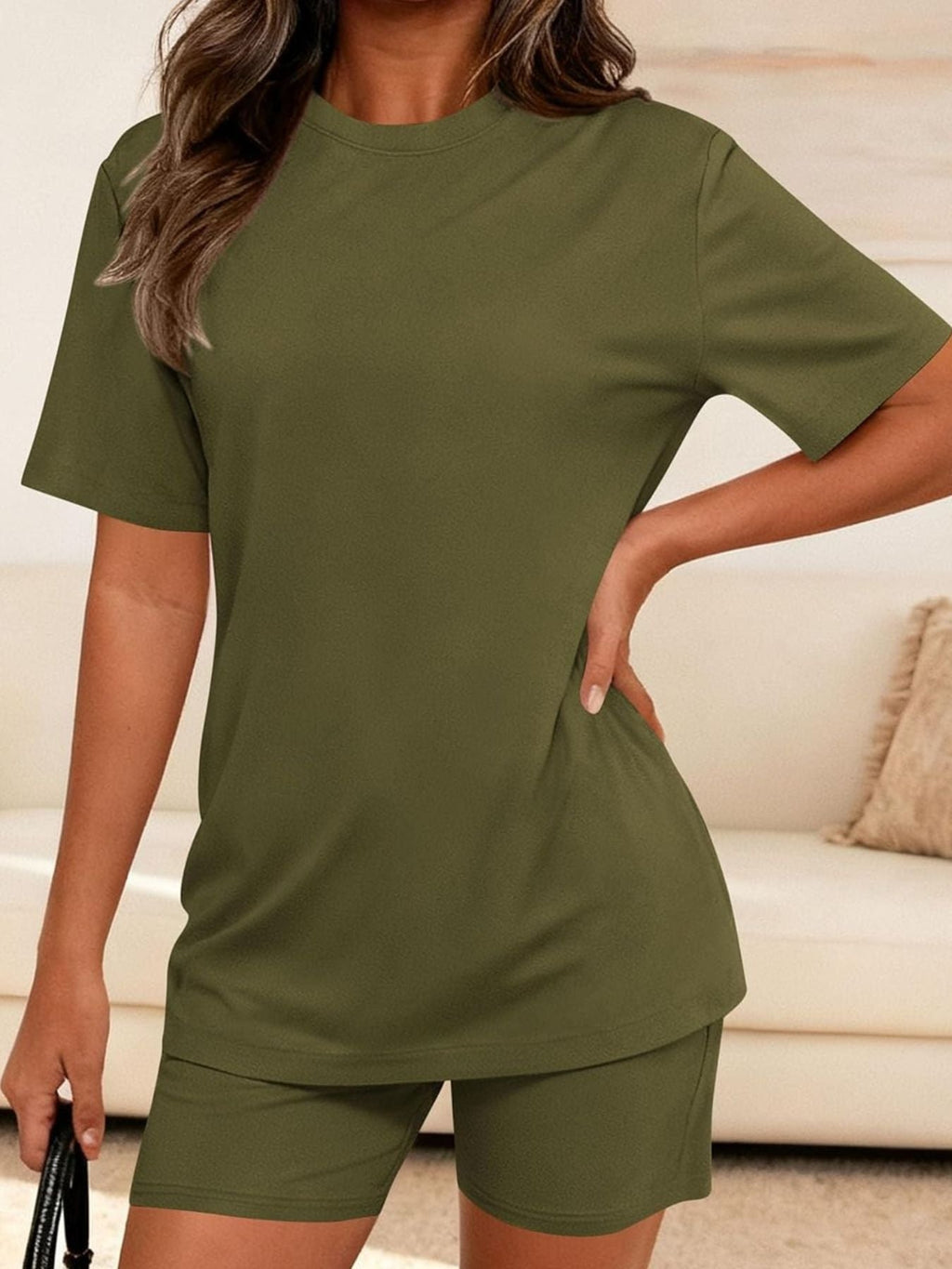 Round Neck Short Sleeve Top and Shorts Set