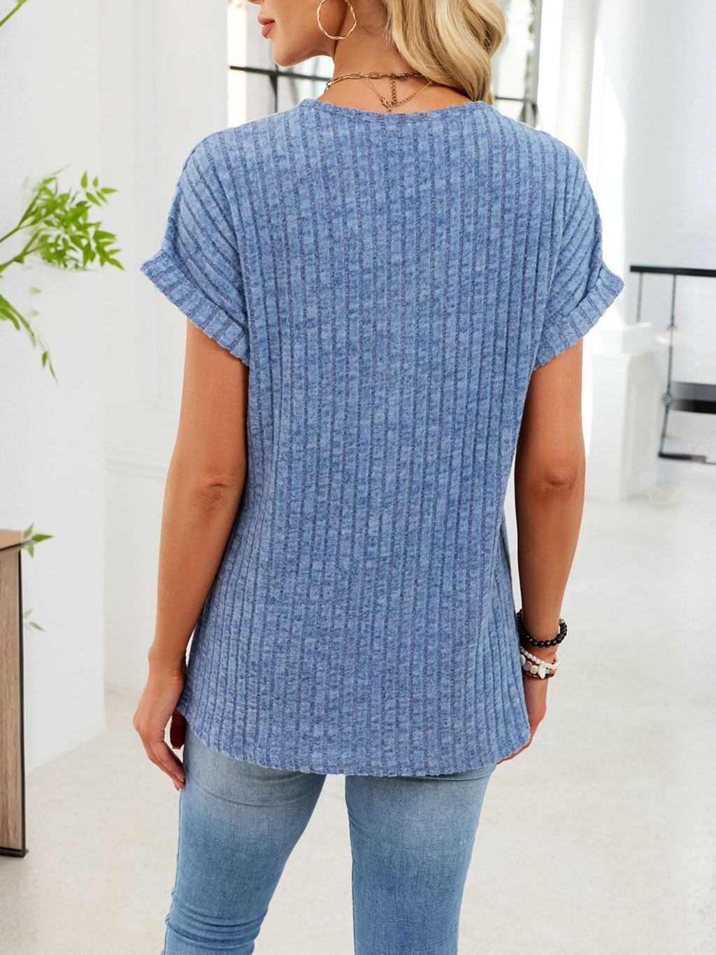 Ribbed Knit V-Neck T-Shirt